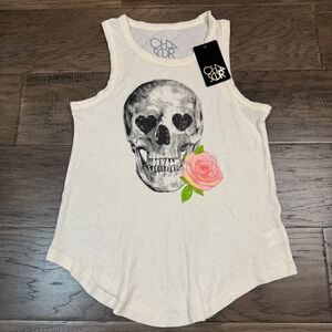 Chaser Skull Rose Heart Eyes Graphic Tank‎ Top XS Sleeveless Casual Ivory
